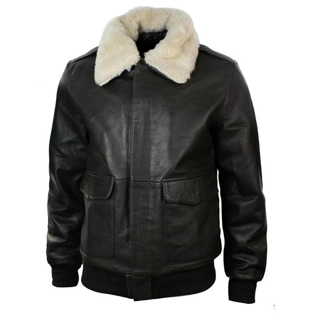 Mens Real Fur Collar Leather Bomber Pilot Flying Jacket Black Brown A2