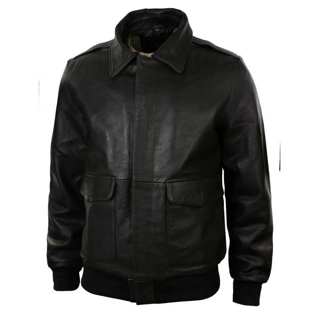 Mens Real Fur Collar Leather Bomber Pilot Flying Jacket Black Brown A2