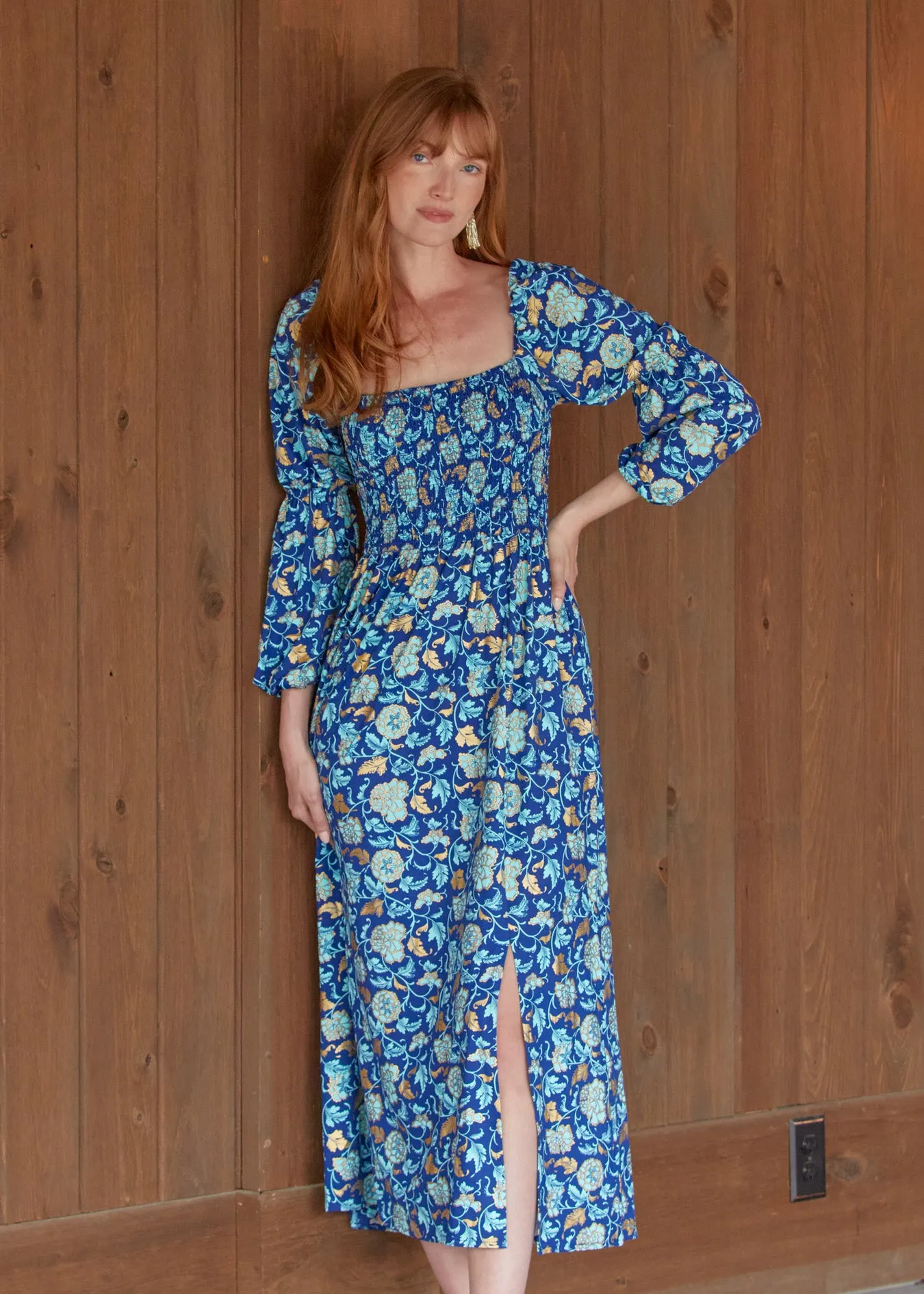 Navy Floral Metallic Puff Sleeve Maxi Dress