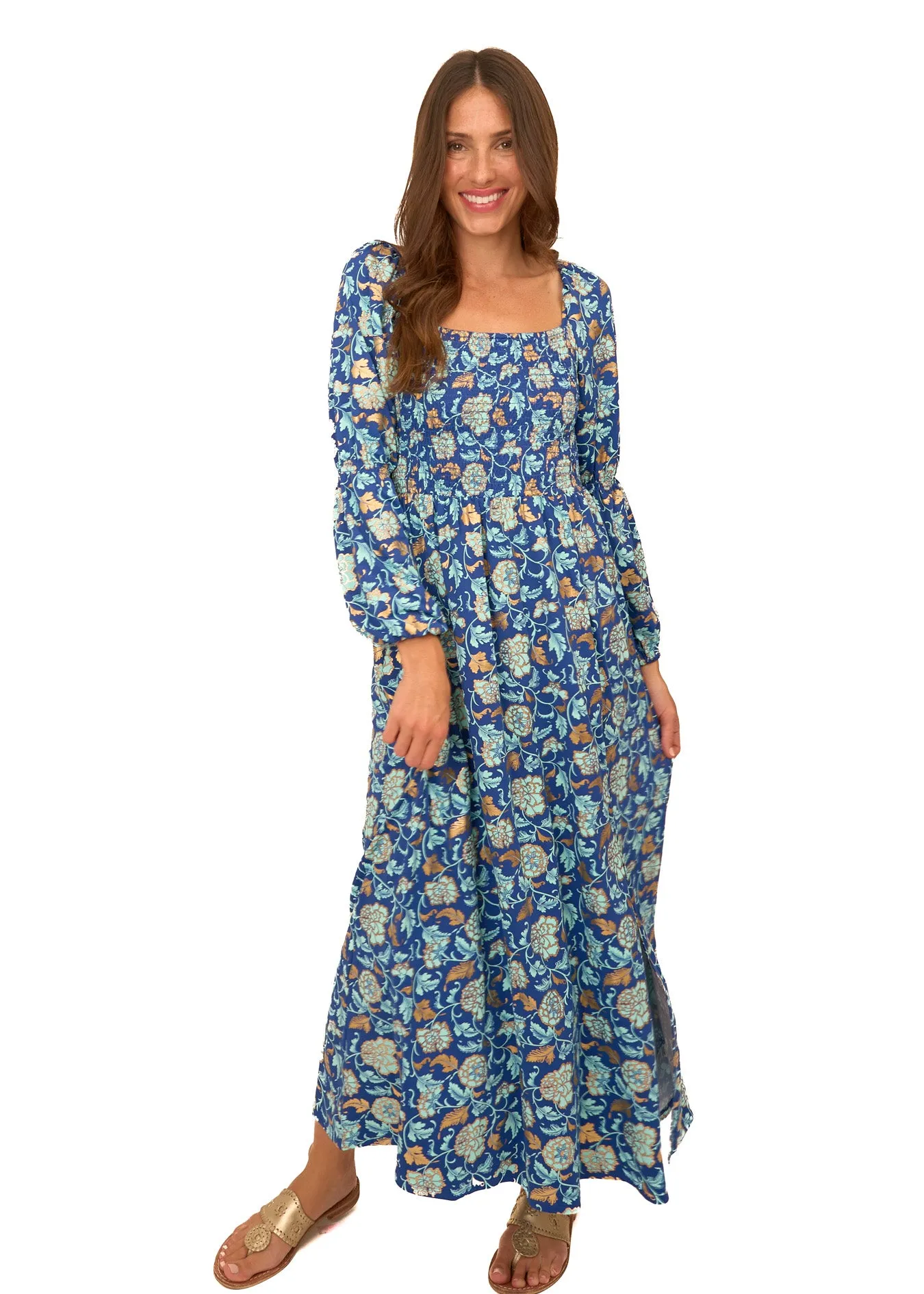 Navy Floral Metallic Puff Sleeve Maxi Dress