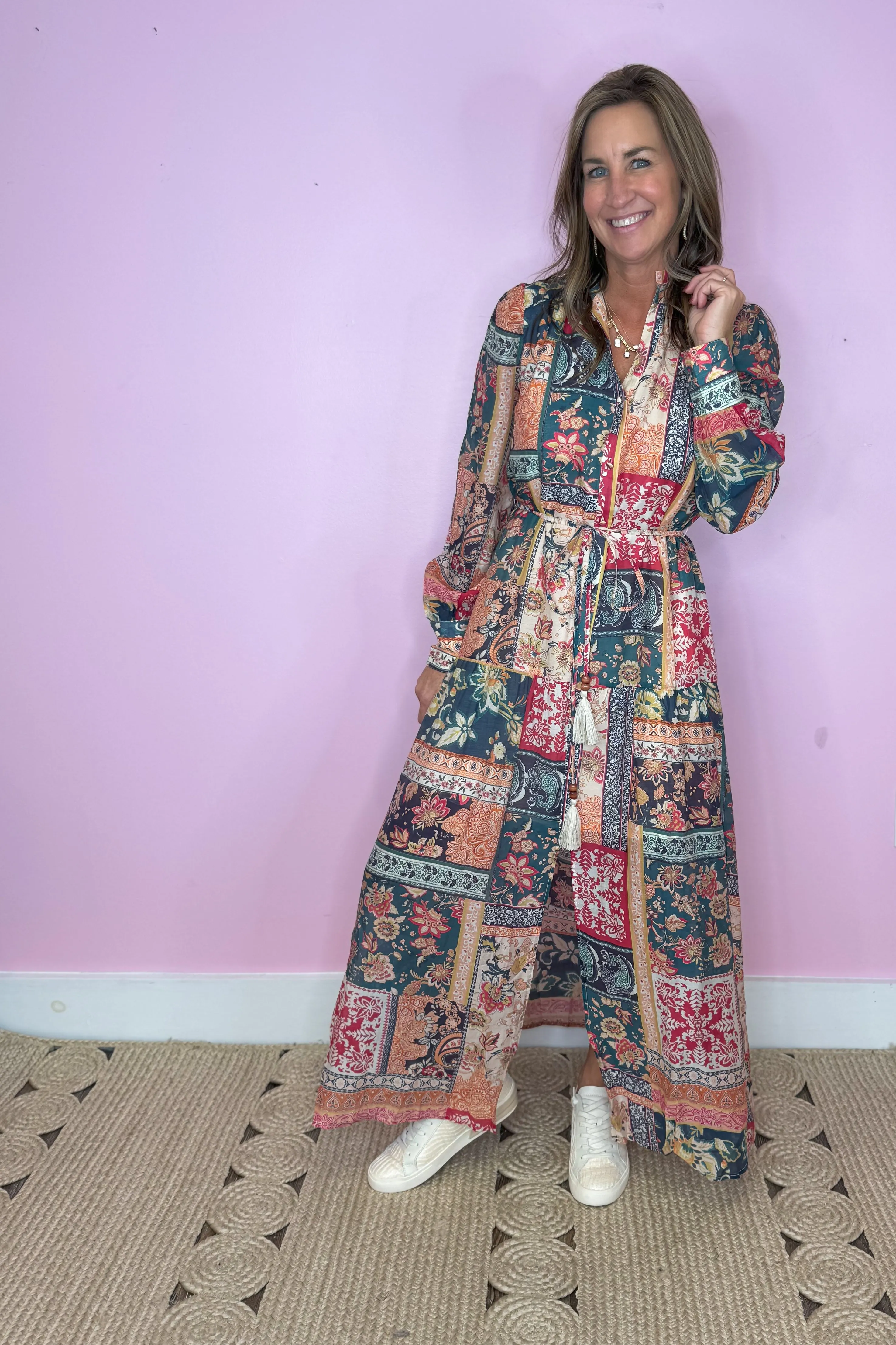 Never Letting Go Teal Multi Patchwork Floral Print Button Down Maxi Dress