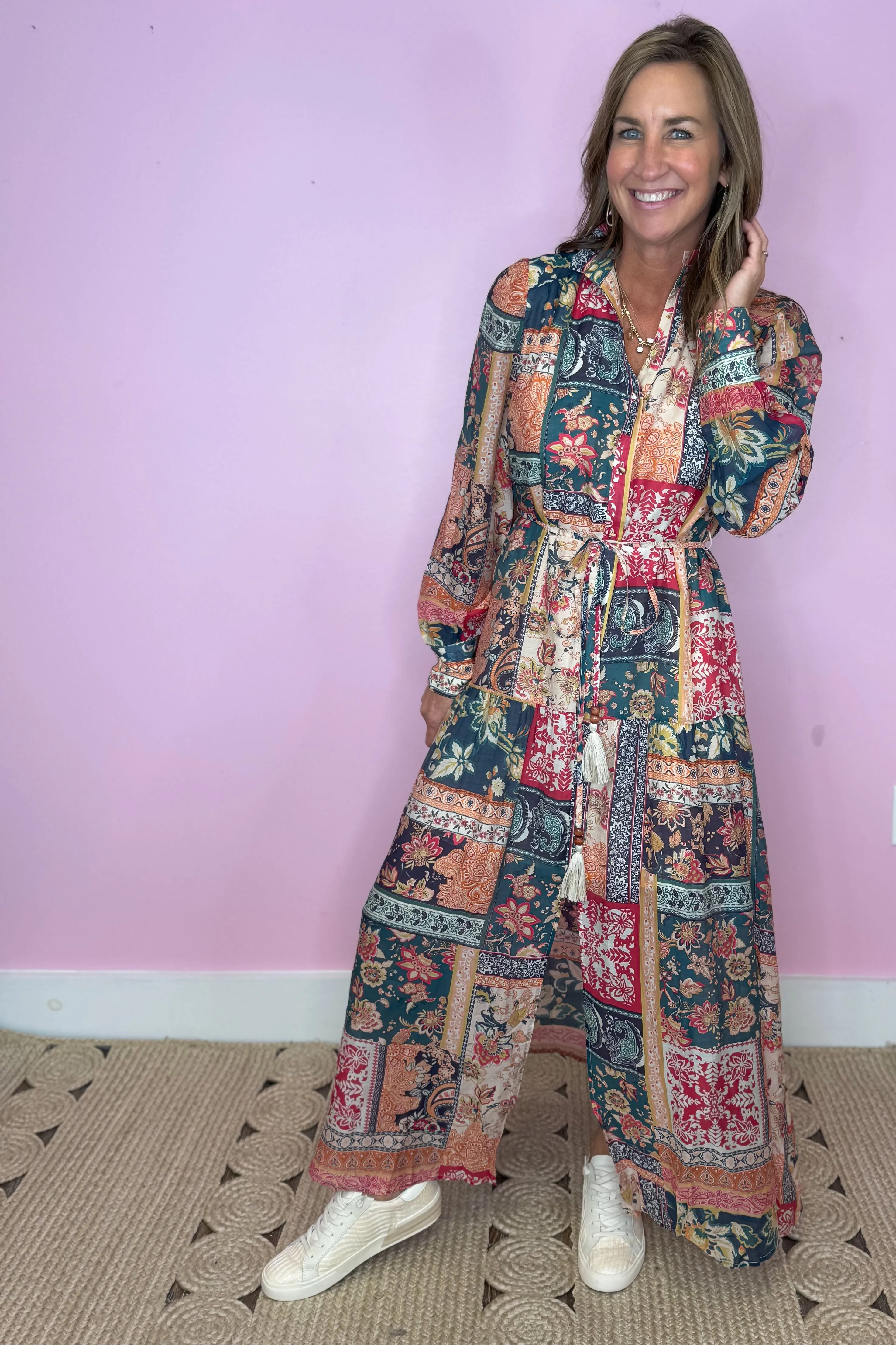 Never Letting Go Teal Multi Patchwork Floral Print Button Down Maxi Dress