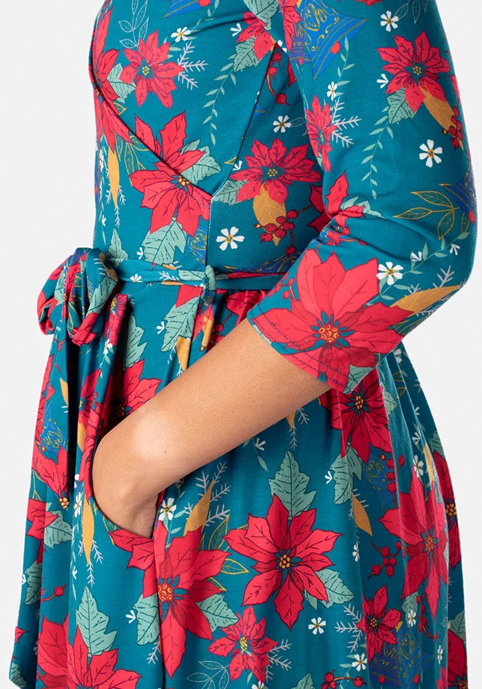 Noella Teal Poinsettia Print Midi Dress