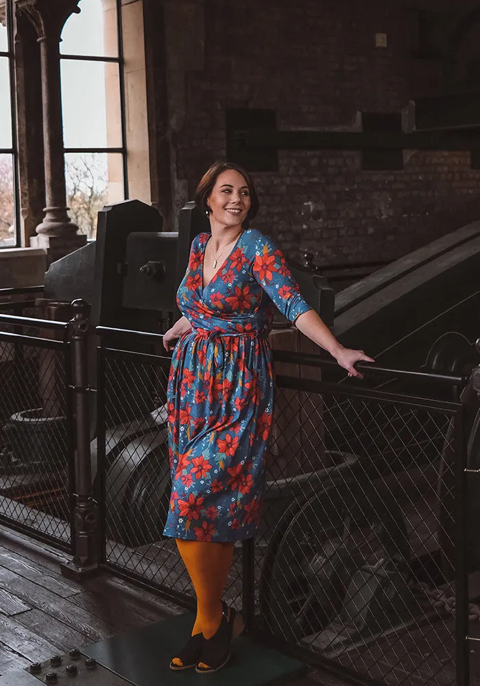 Noella Teal Poinsettia Print Midi Dress