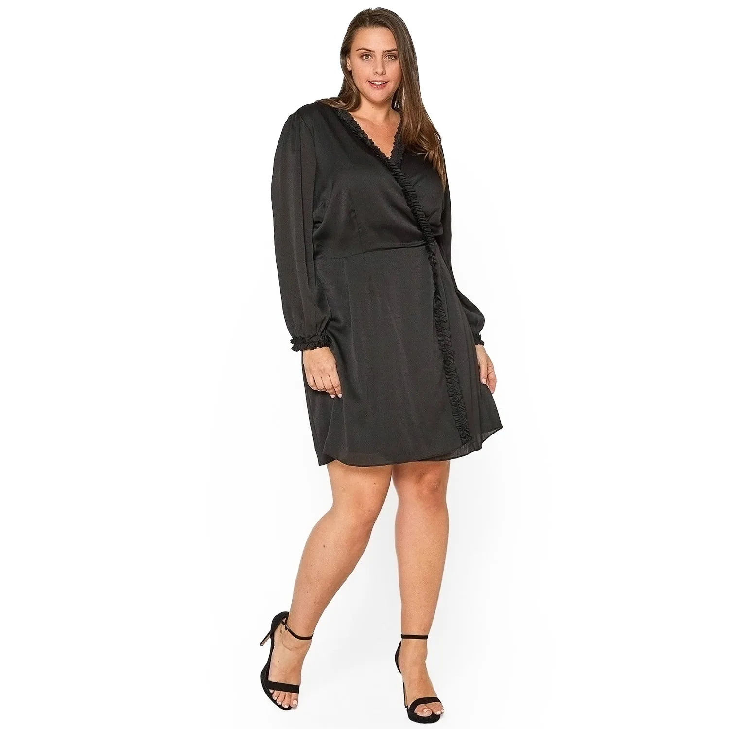 Plus Size Ruffle Trim Long Sleeve Wrap Dress in Black