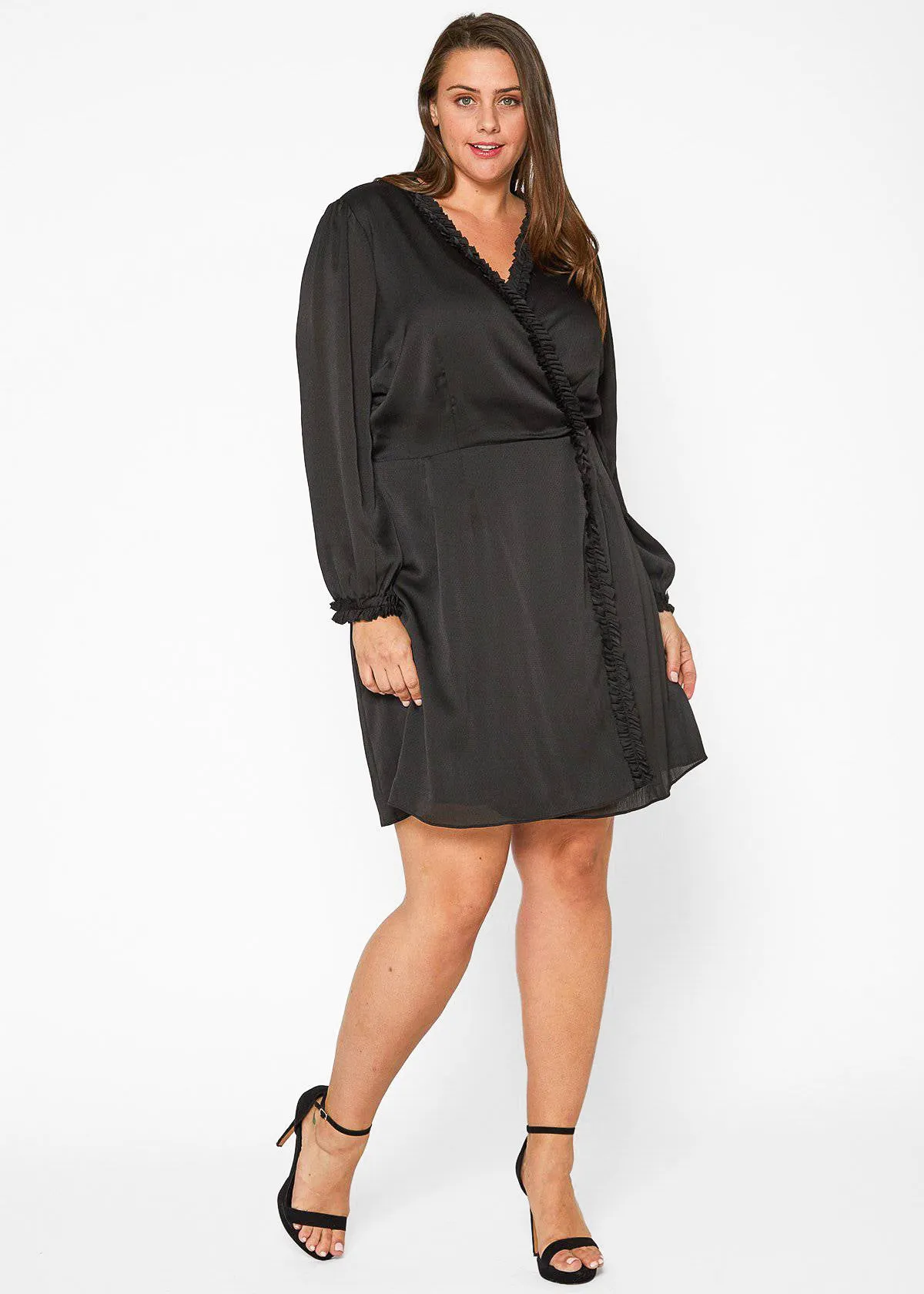 Plus Size Ruffle Trim Long Sleeve Wrap Dress in Black