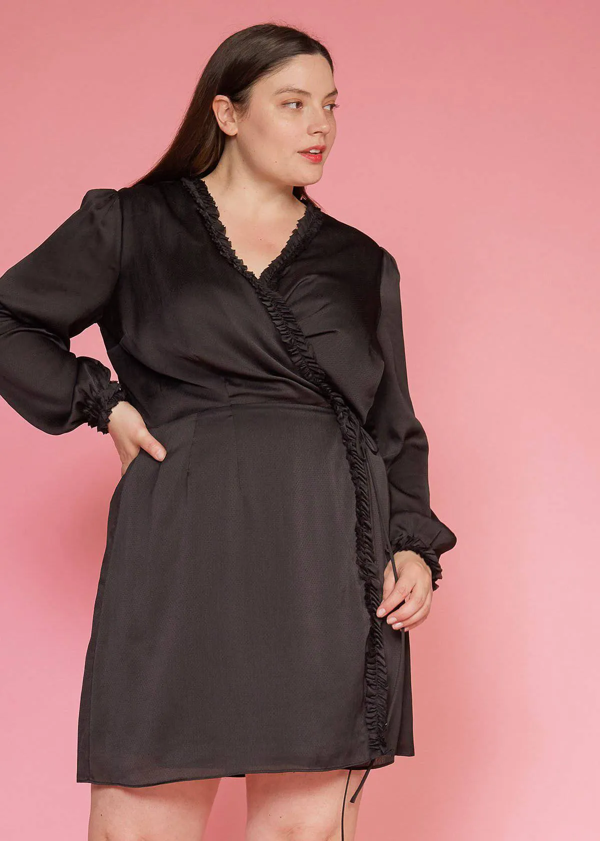 Plus Size Ruffle Trim Long Sleeve Wrap Dress in Black