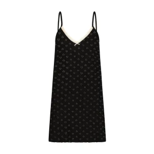 Polkadot Black VIntage Hearts A LINE SHORT GOWN w Ecru Cluny Lace