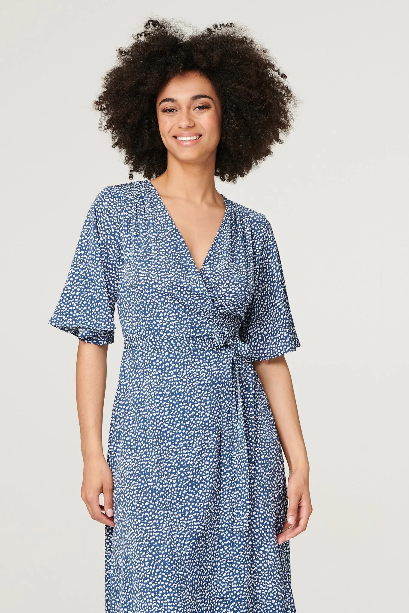 Printed Tie Waist Wrap Midi Dress