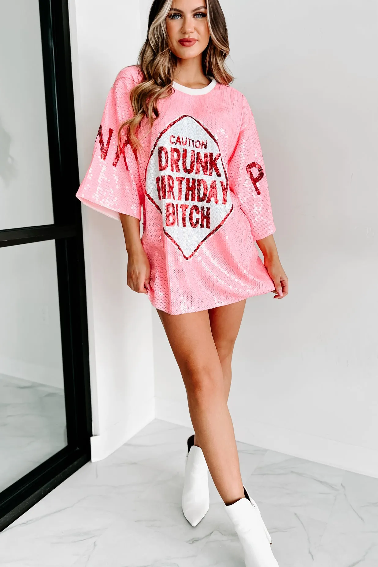 "Drunk Birthday Bitch" Sequin Mini Dress (Pink)