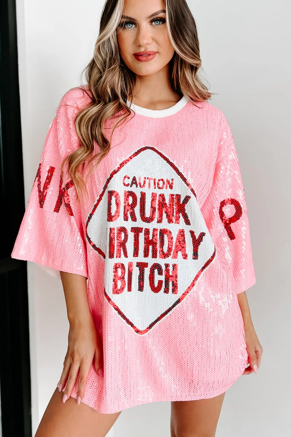 "Drunk Birthday Bitch" Sequin Mini Dress (Pink)