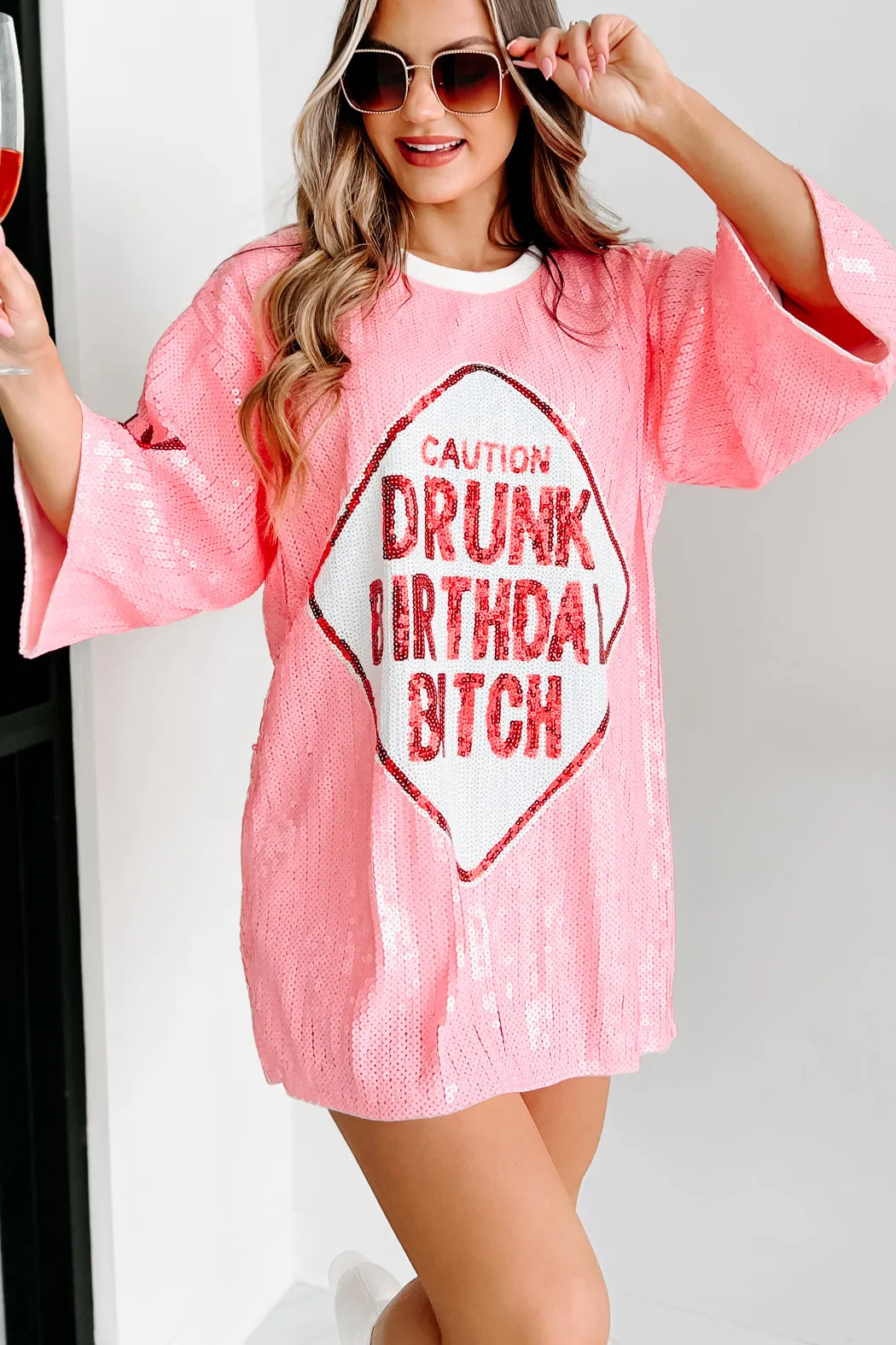 "Drunk Birthday Bitch" Sequin Mini Dress (Pink)