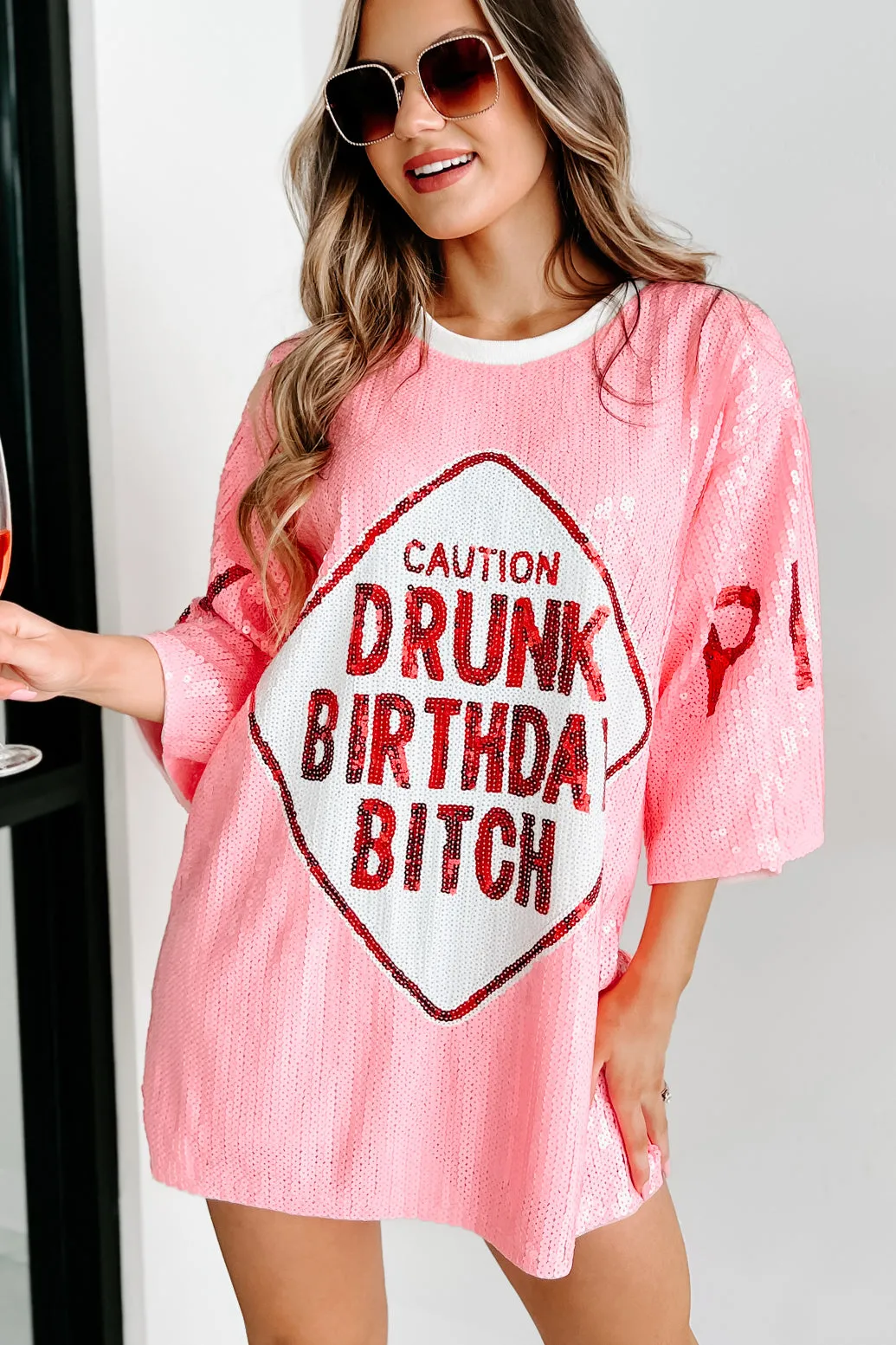 "Drunk Birthday Bitch" Sequin Mini Dress (Pink)