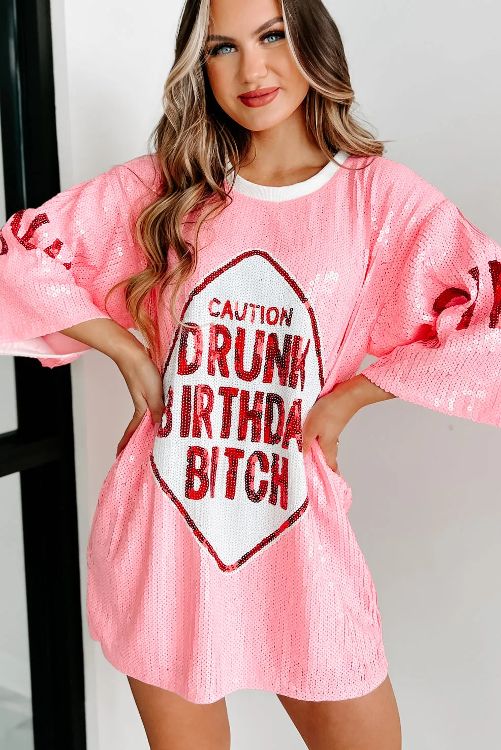 "Drunk Birthday Bitch" Sequin Mini Dress (Pink)