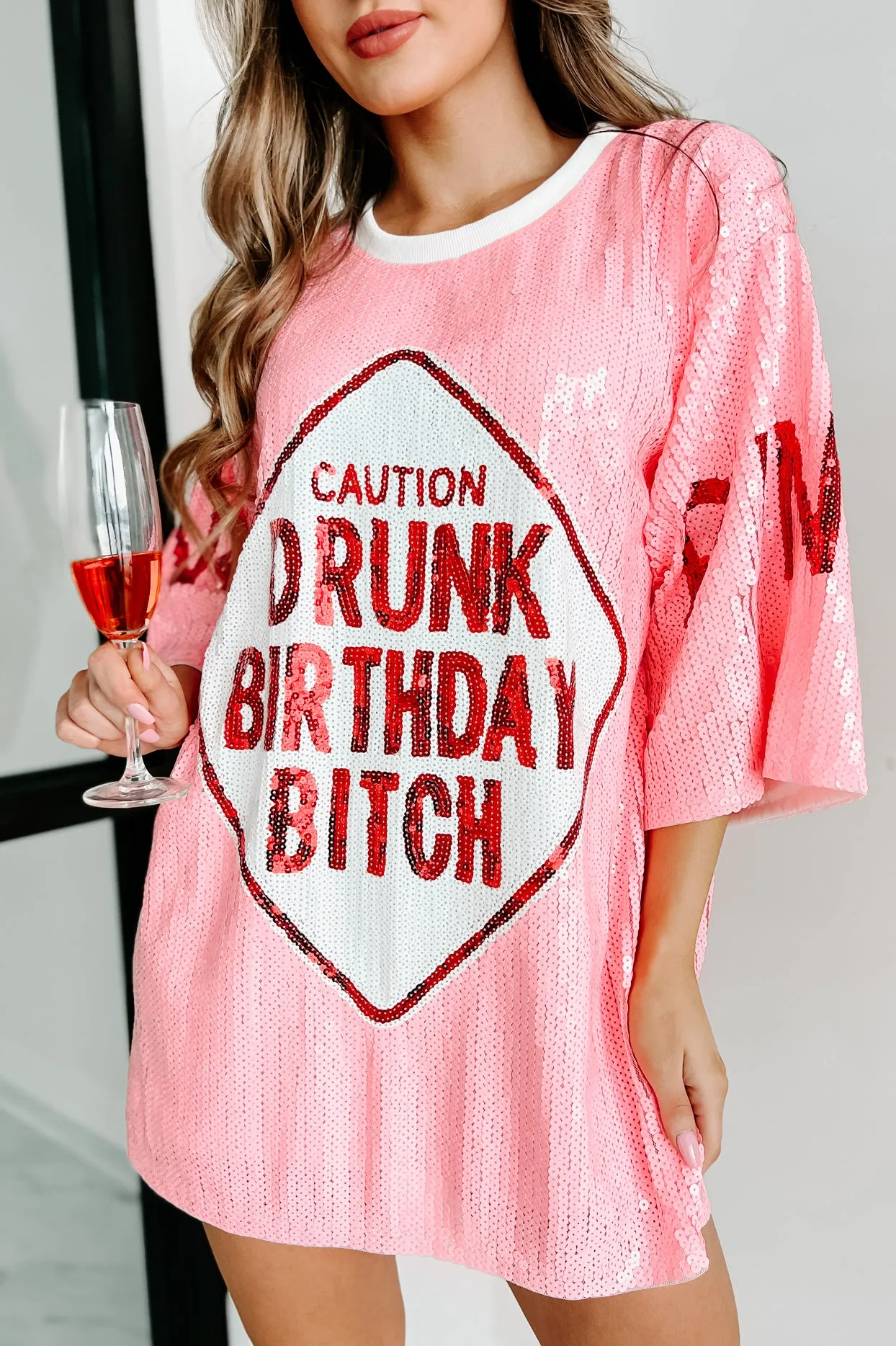 "Drunk Birthday Bitch" Sequin Mini Dress (Pink)