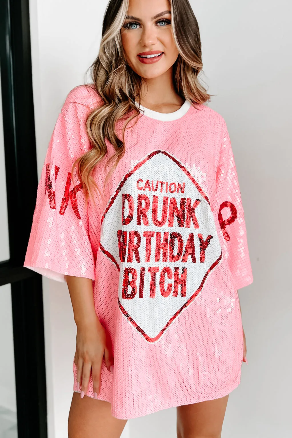 "Drunk Birthday Bitch" Sequin Mini Dress (Pink)