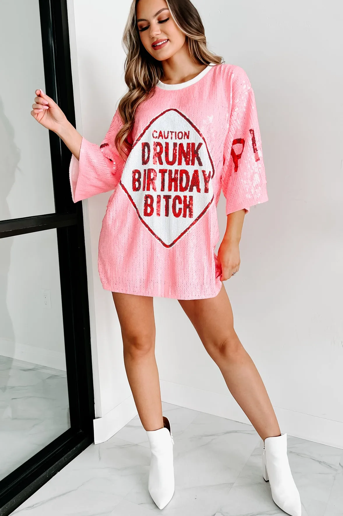 "Drunk Birthday Bitch" Sequin Mini Dress (Pink)