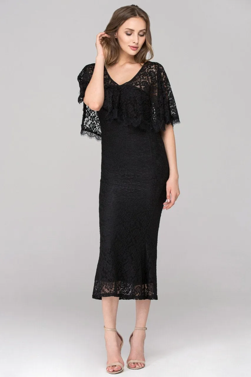 Rania Fawaz - Black Lace Strapless Mermaid Midi Dress with Cape