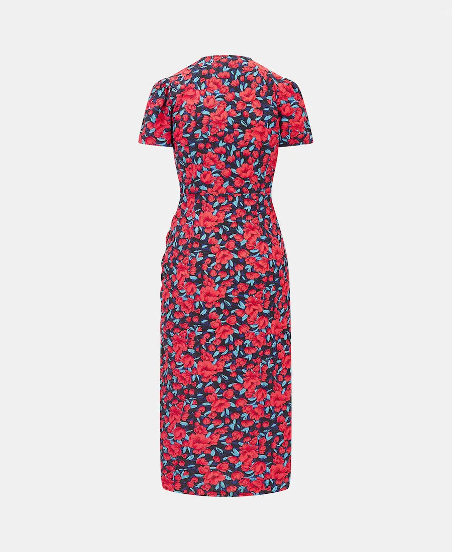 Red Floral Wrap Midi Dress