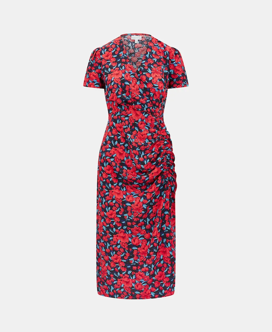 Red Floral Wrap Midi Dress