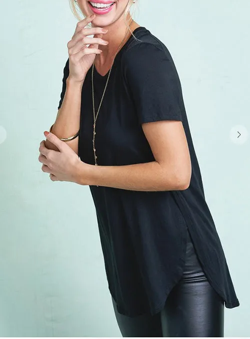 ROUND NECK SHORT SLEEVE SIDE SLIT CURVED HEM TEE TUNIC TOP