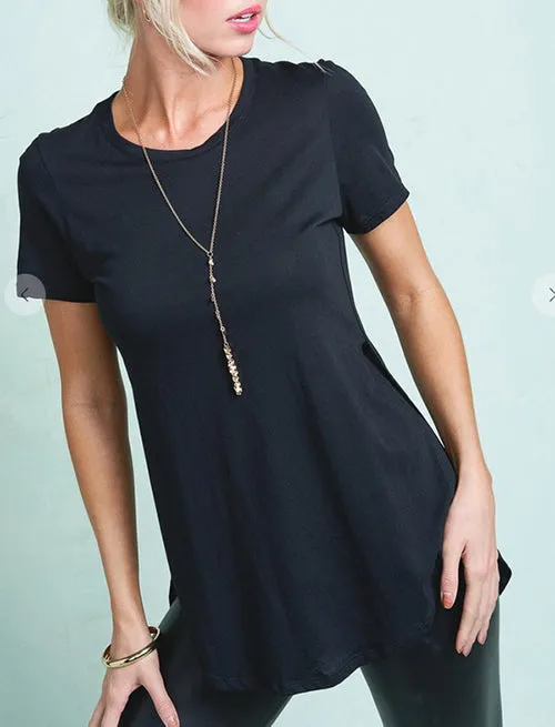 ROUND NECK SHORT SLEEVE SIDE SLIT CURVED HEM TEE TUNIC TOP