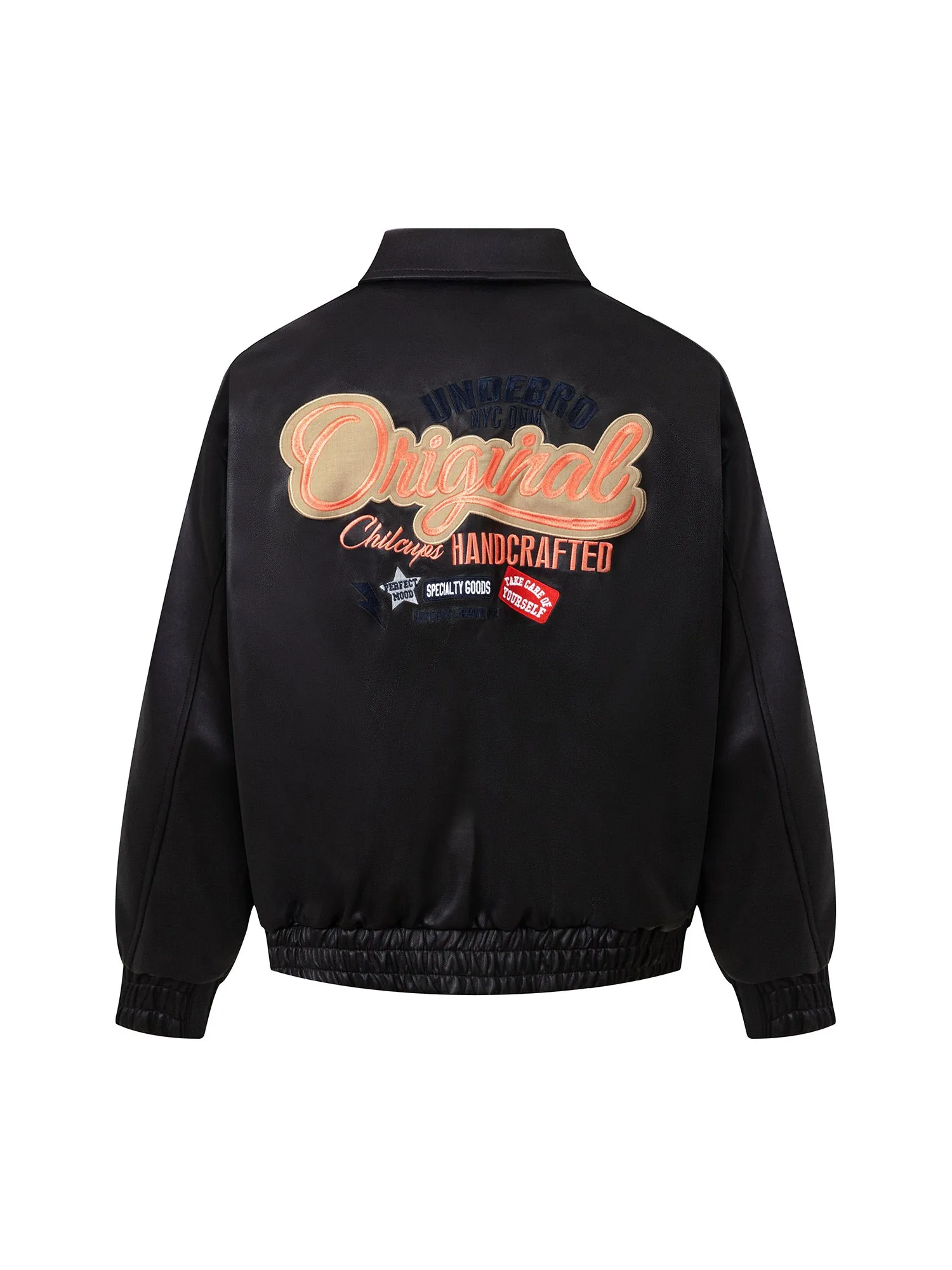 Thesupermade Lettering Embroidered Leather Bomber Jacket