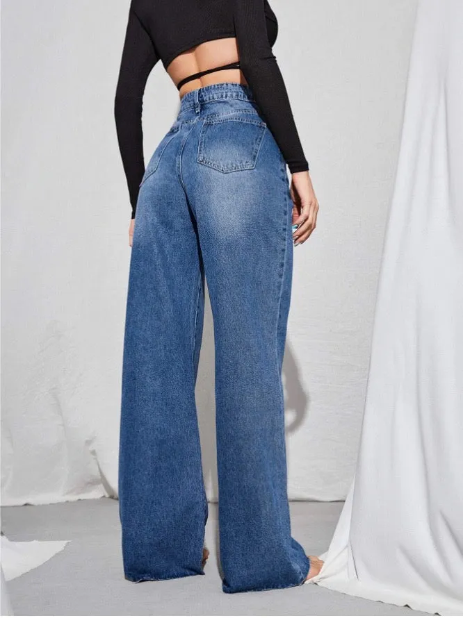 Twilight Blue Raw Hem Wide Leg Jeans