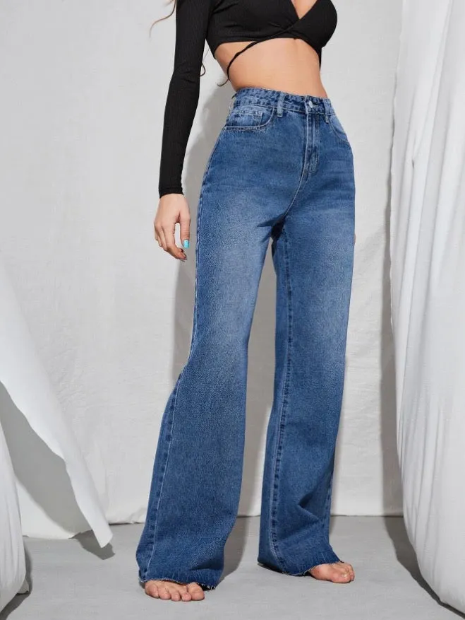 Twilight Blue Raw Hem Wide Leg Jeans