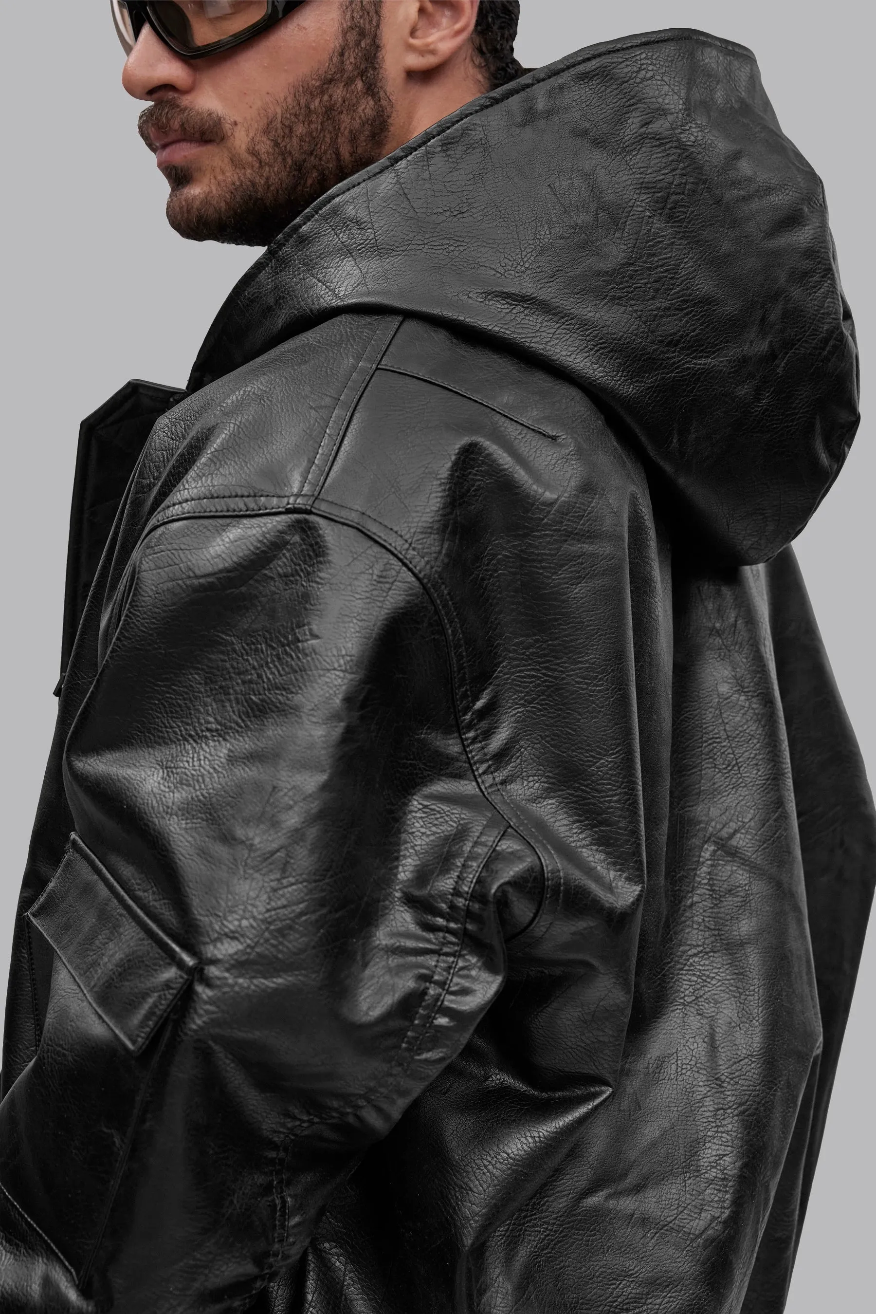 V_GAN LEATHER BOXY BOMBER JACKET - Black