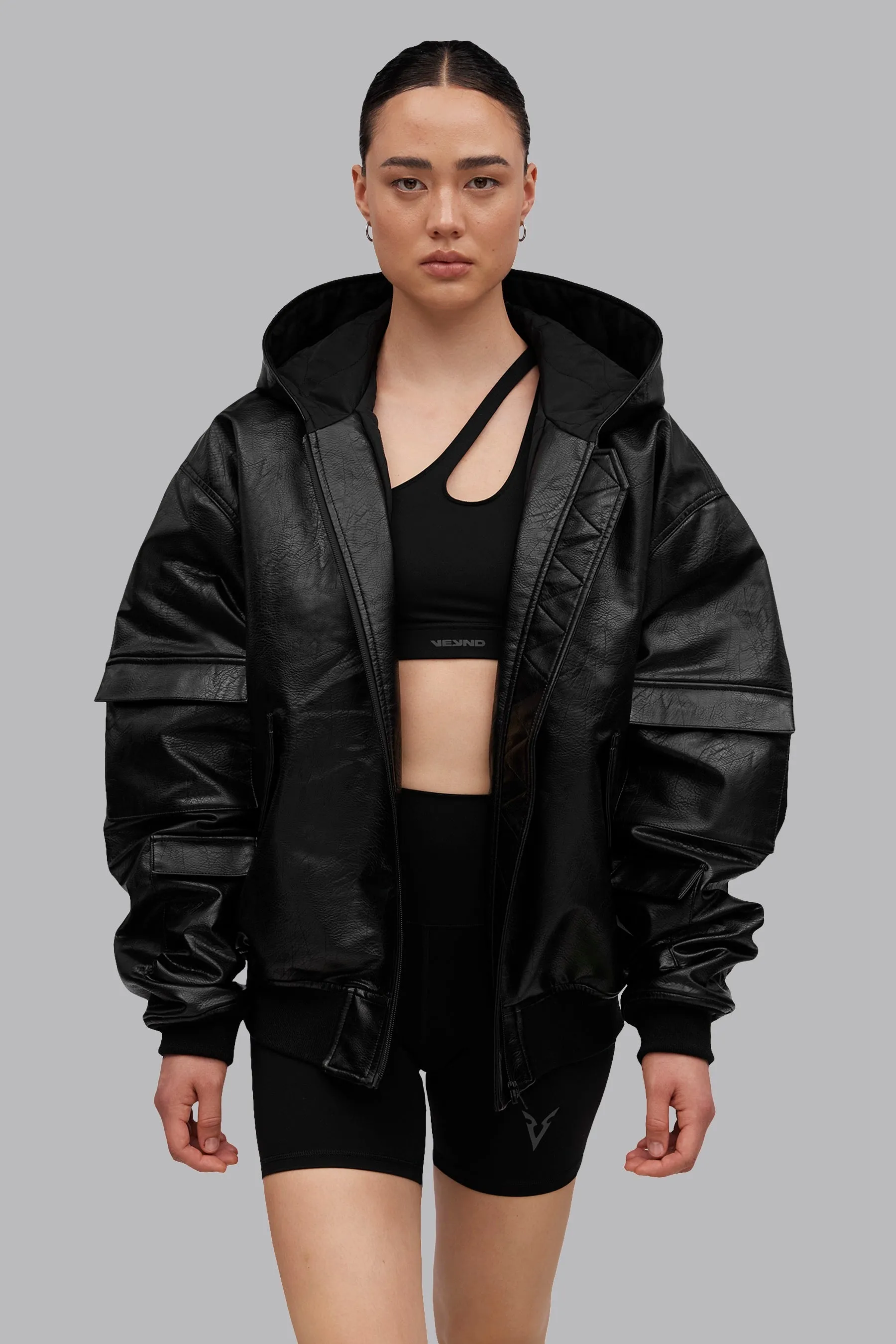 V_GAN LEATHER BOXY BOMBER JACKET - Black