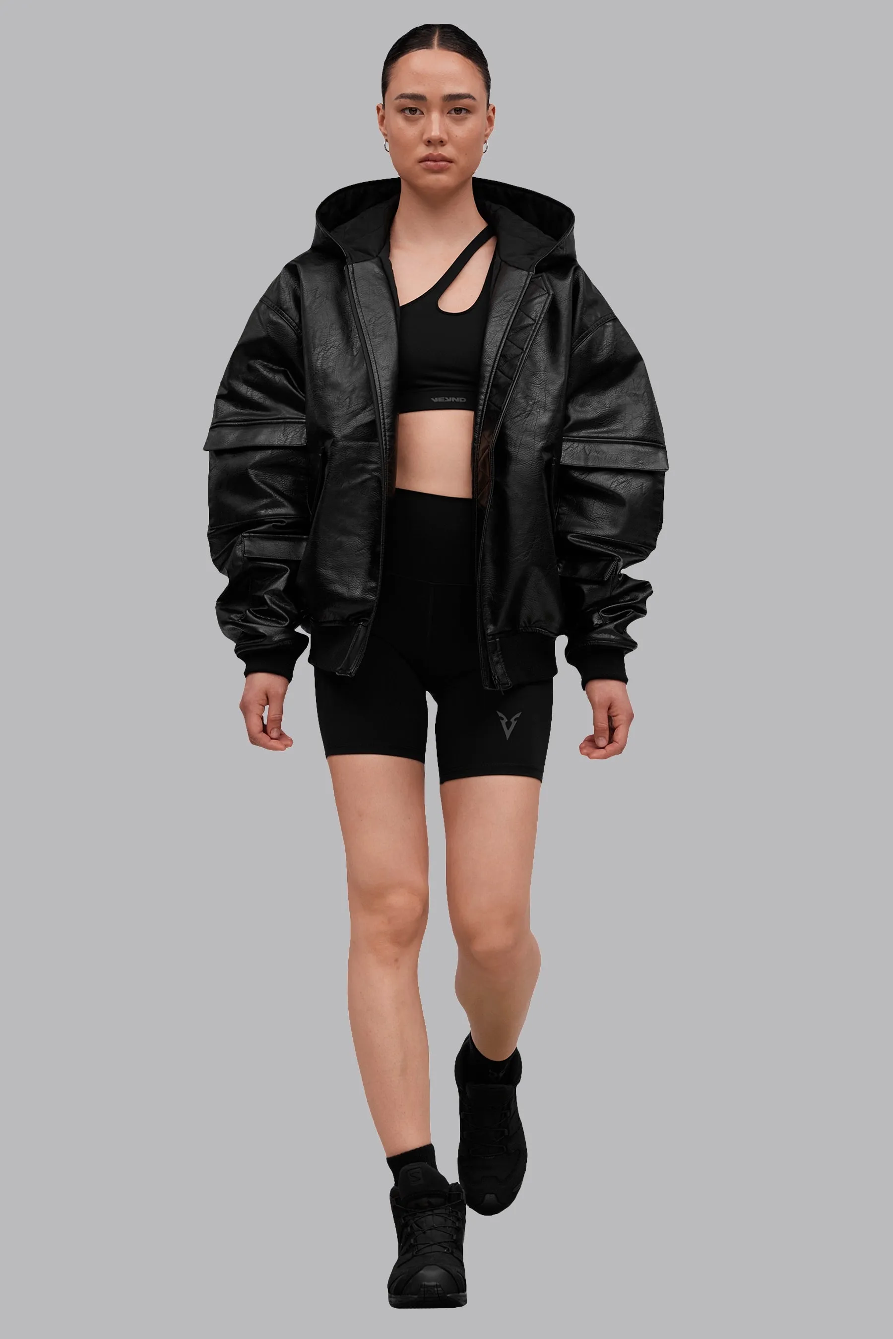 V_GAN LEATHER BOXY BOMBER JACKET - Black