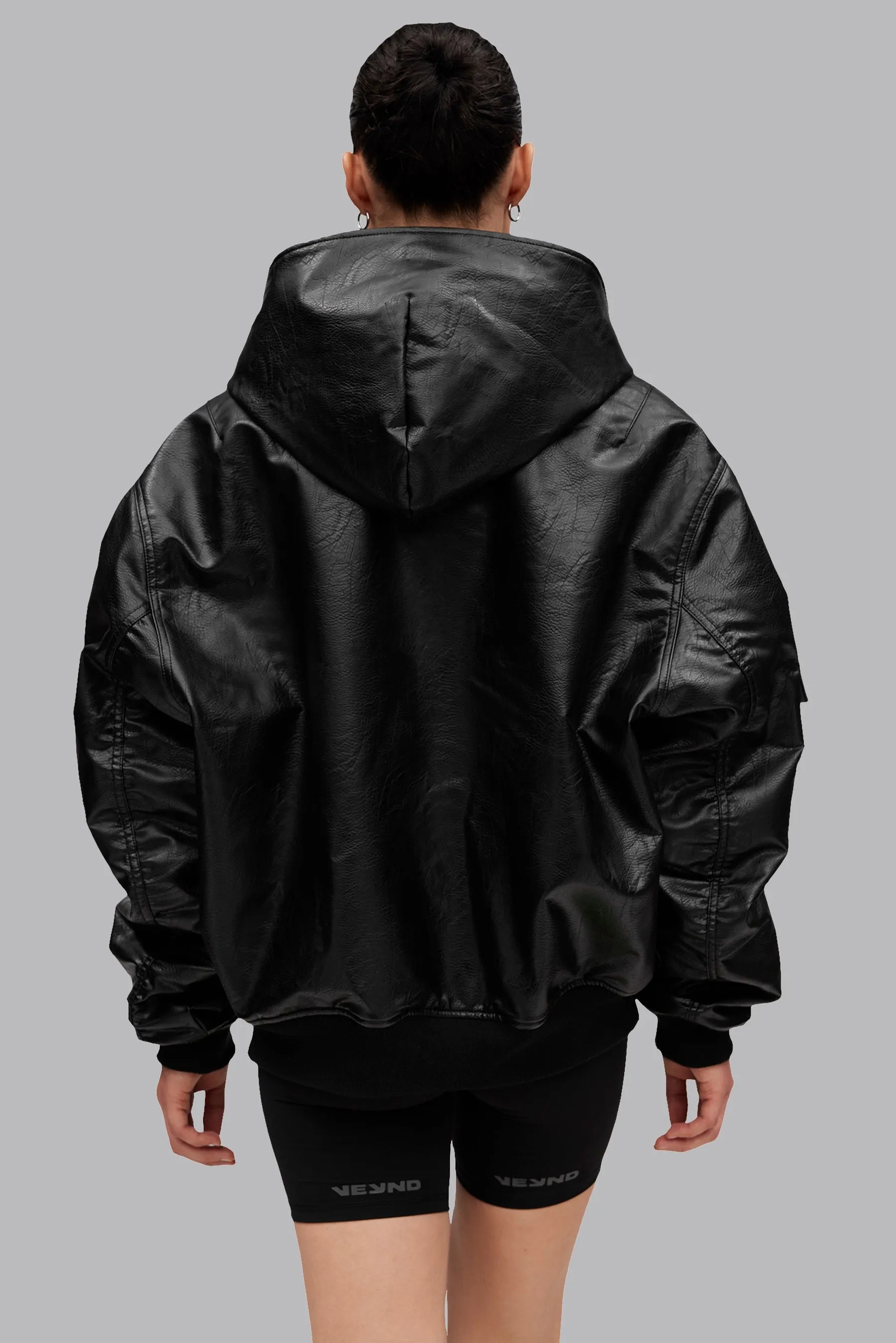 V_GAN LEATHER BOXY BOMBER JACKET - Black