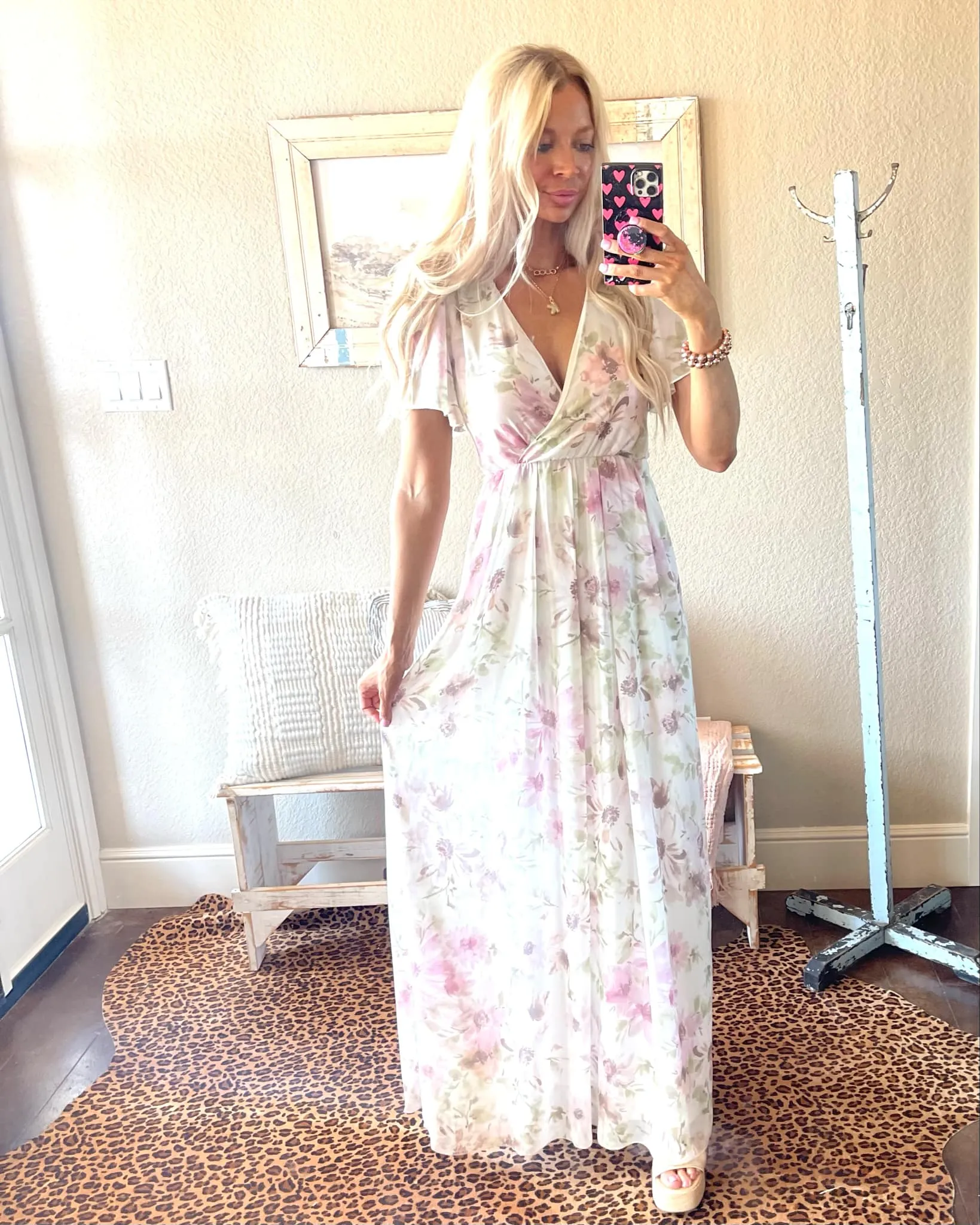 White & Pink Floral V-Neck Flowy Maxi Dress