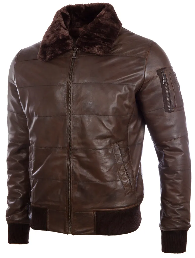 ZADV Men's Puffer Fur Aviator Bomber Jacket - Nevada Brown